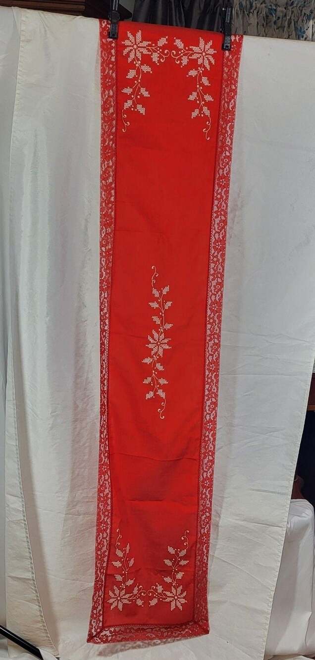 Vintage Red Table Runner and (4) Placemats w/ Lace Trim White Cross Stitch Embro
